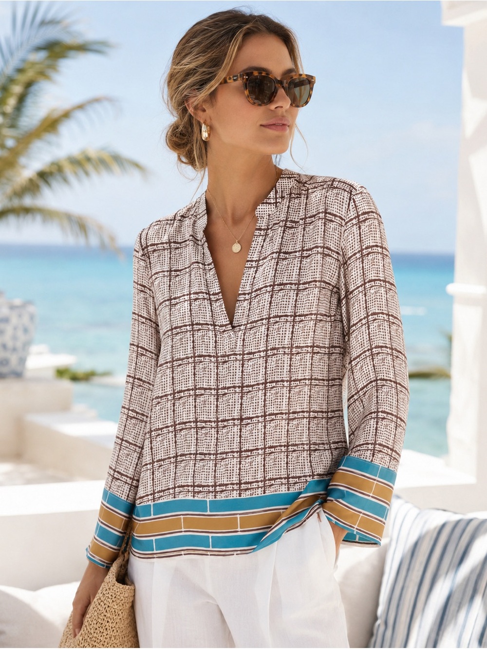 J CREW COLLECTION SILK TWILL SPECKLED PLAID WINDOWPANE TUNIC TOP BLOUSE SZ M